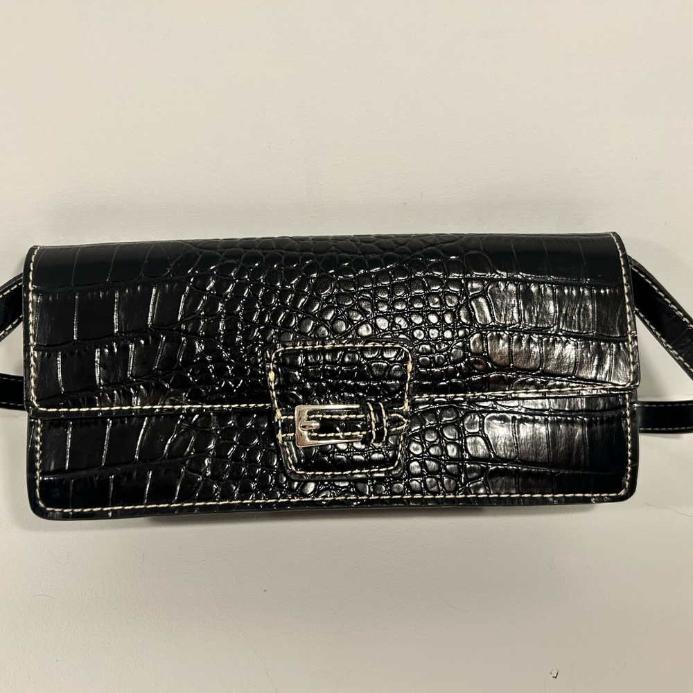 Liz Claiborne Croc Embossed Baguette Shoulder Bag Black Patent Small Purse - Picture 12 of 12